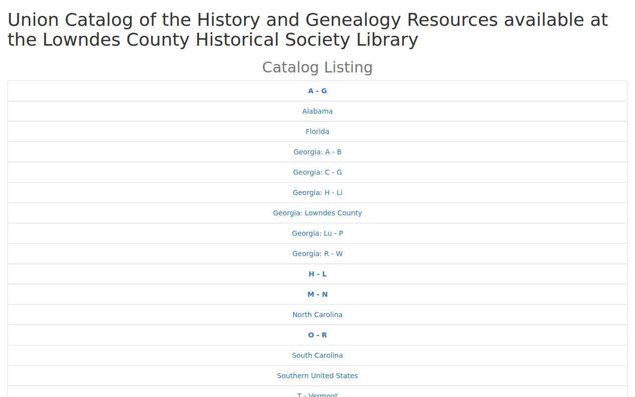 Lowndes County Historical Society union catalog holdings for Valdosta research