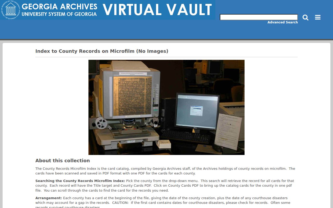 Georgia Archives county microfilm card selector for Lowndes records