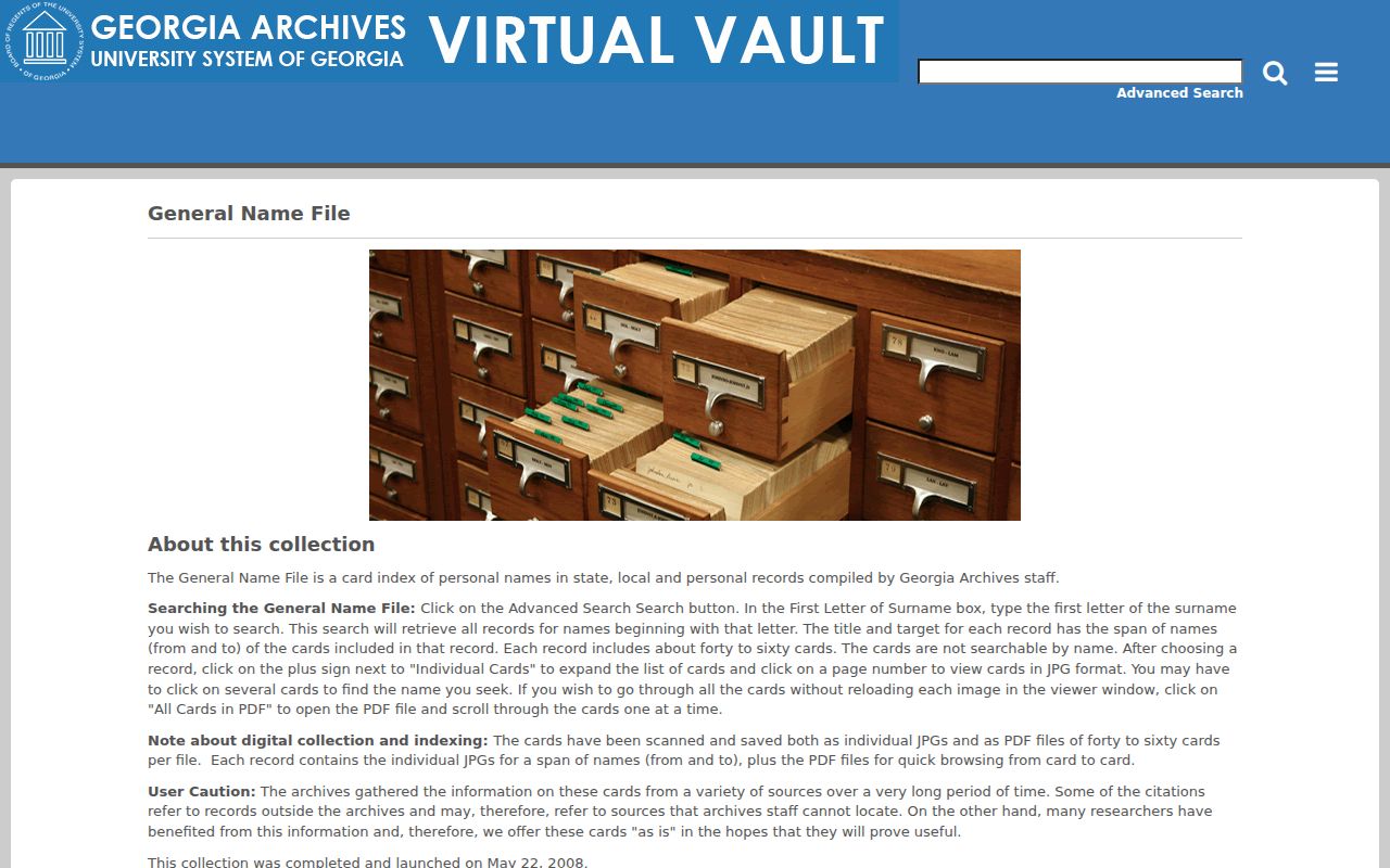 Georgia Archives General Name File search interface