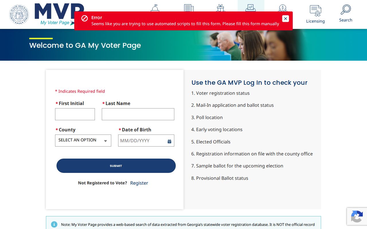 Georgia My Voter Page form for a Valdosta voter self-check