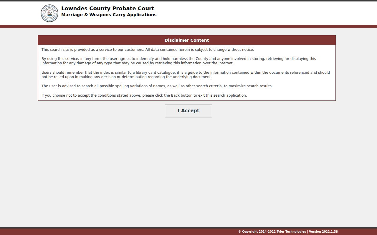 Lowndes Probate Court marriage index disclaimer and spelling guidance