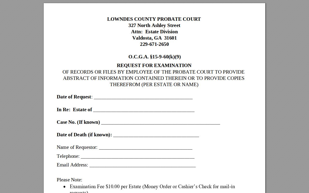 Lowndes Probate Court estate name search request used for Valdosta heirs