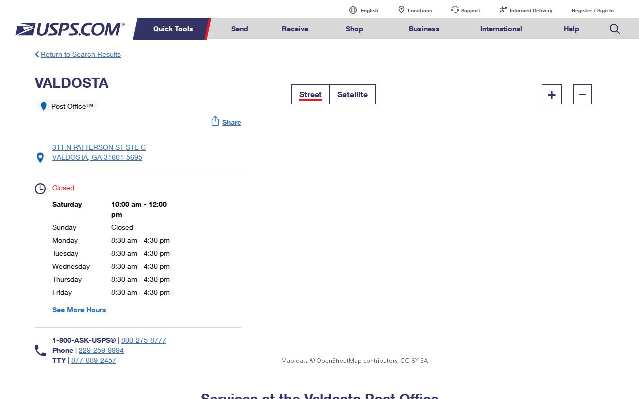 USPS listing for Valdosta 31601 Post Office